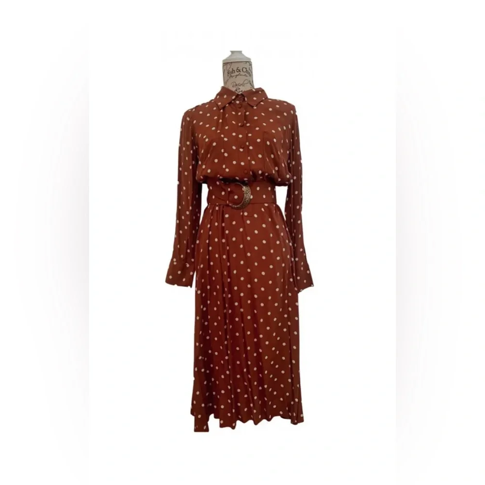 NWOT: Uterqüe Brown Midi-Dress with Polkadots - Picture 12 of 12